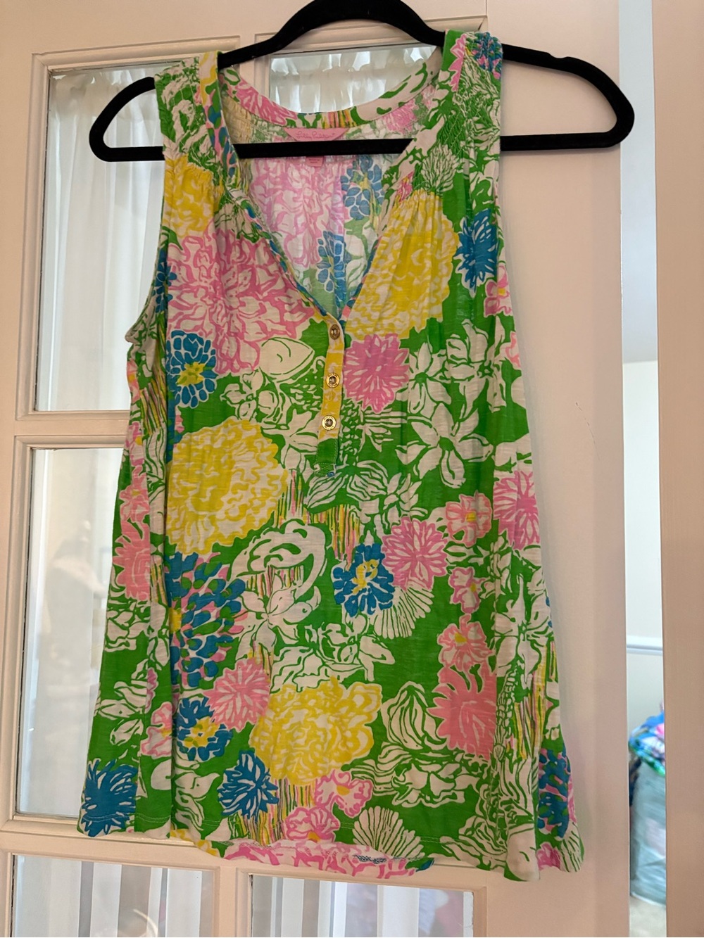 Lilly Pulitzer Floral Button-Front Green Essie Tank Top